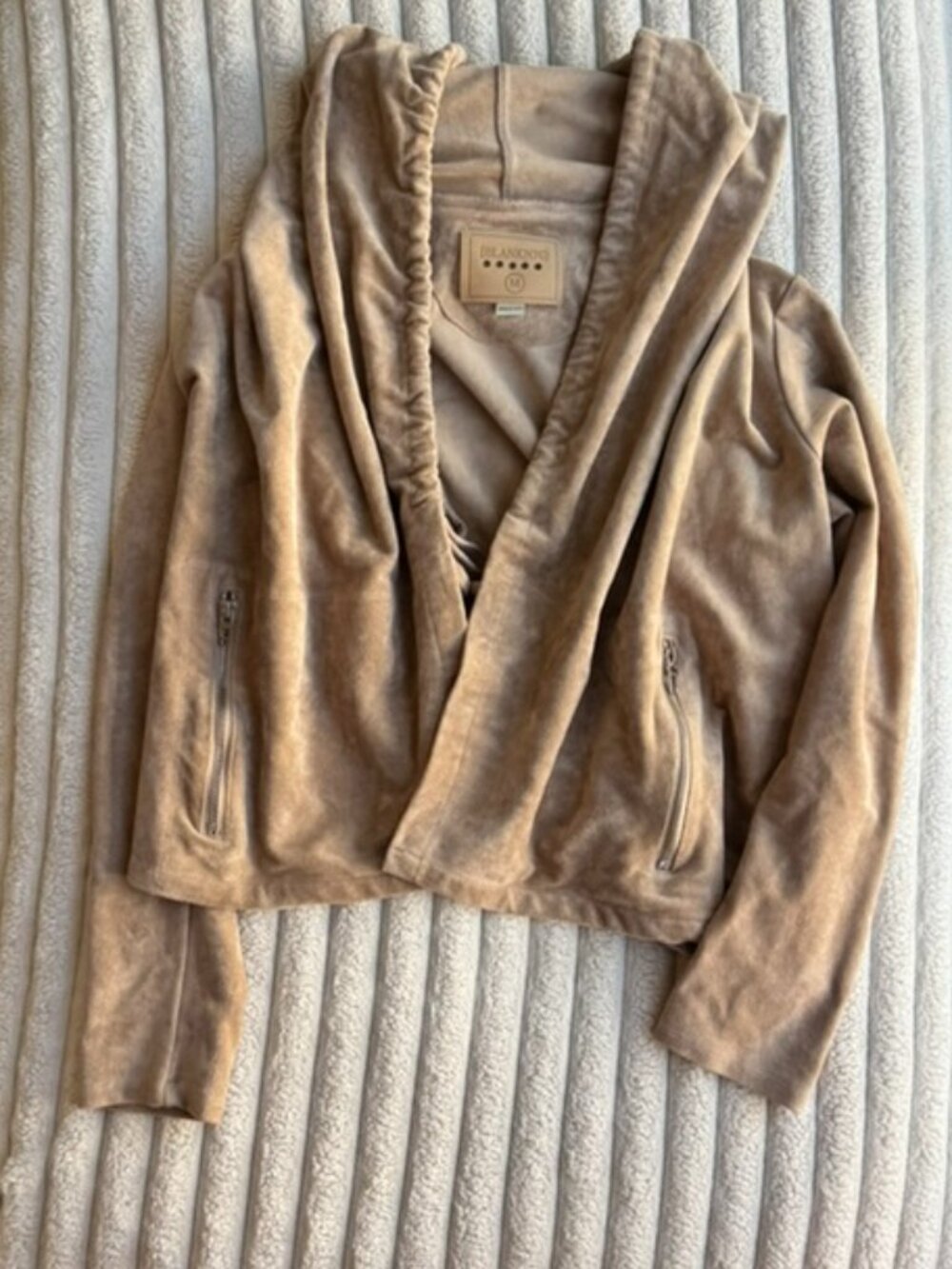 BLANKNYC Faux Suede Drape Hooded Jacket Tan Moto Open front Size Medium
